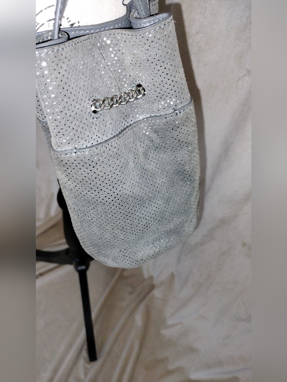 NWOT! Halston Heritage Metallic Gray Leather/Suede Crossbody Mini Bucket Bag - Picture 7 of 11